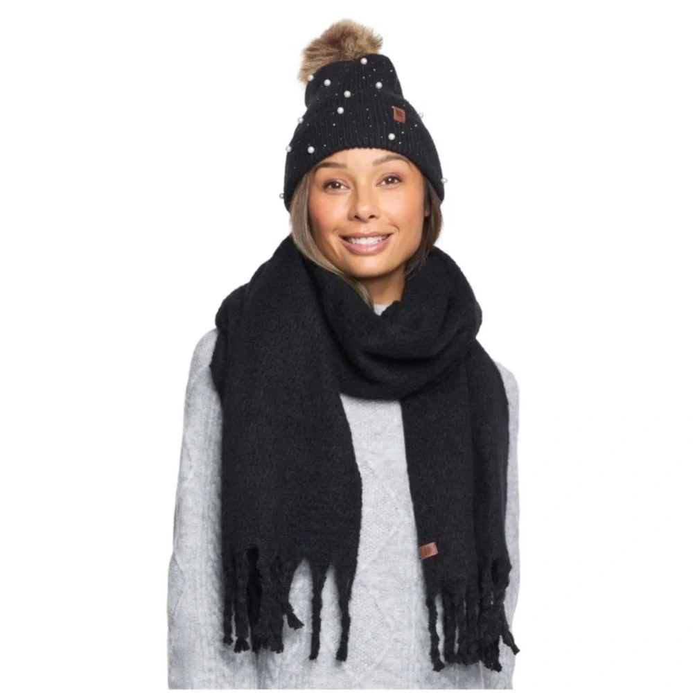 NEW Lucky Brand SET Black Scarf + Beanie Hat Tan Pom Pearls Sparkles Cozy Gift